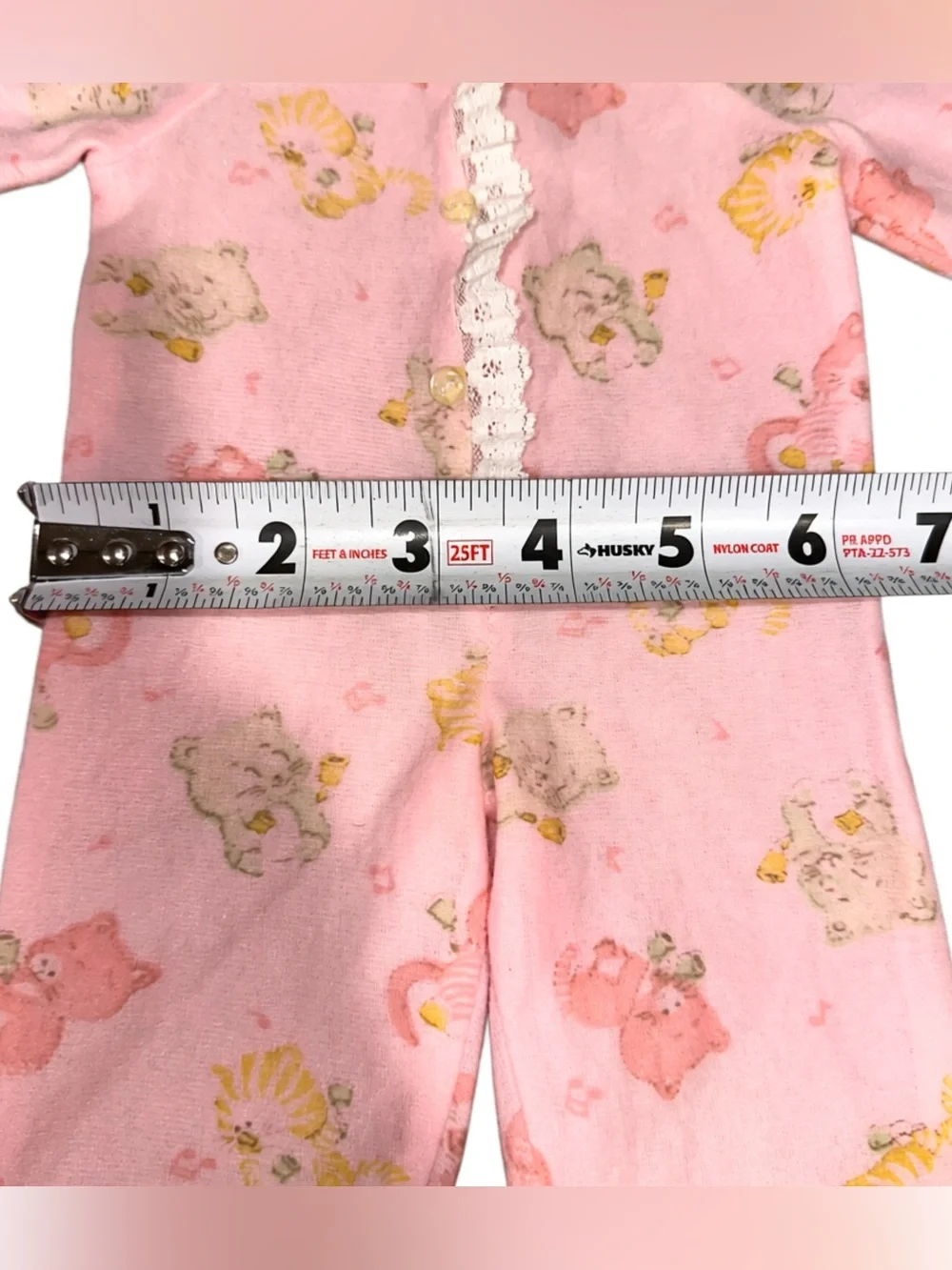 Vintage 60’s Soft Baby Doll Romper Jumpsuit Lace Trim Kitty Cat Print
